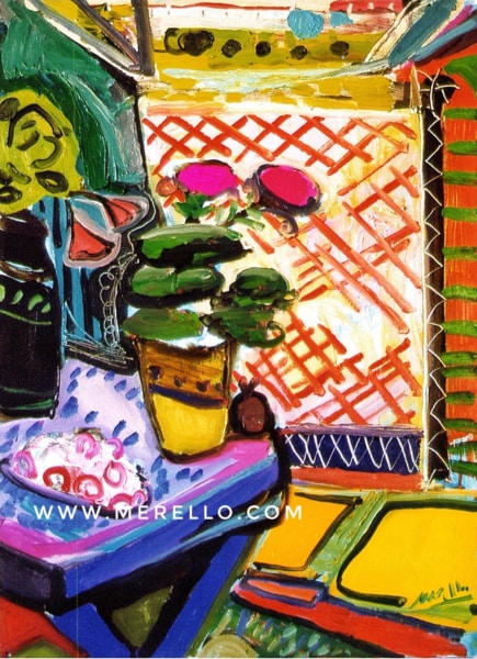 comprar-cuadros-bodegones-floreros-invertir-pintura-moderna-arte-contemporaneo-jose-manuel-merello.-florero-con-fondo-rayado-(73x54-cm)-lienzo 