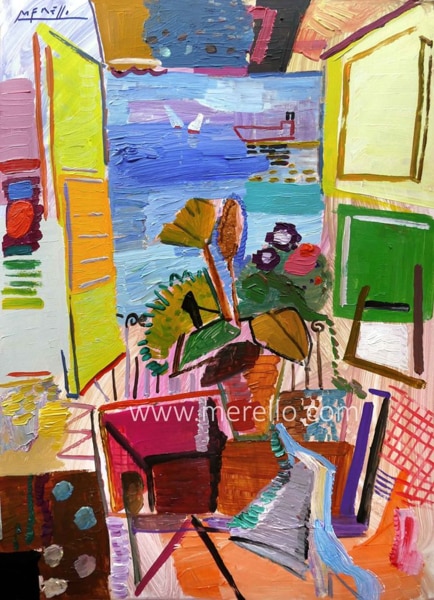 buy-artworks-still lifes-interiors-modern-art-paintings-jose-manuel-merello.-balcony-to-the-mediterranean-
