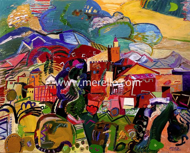  Comprar cuadros modernos de paisajes españoles. Obras de Arte Contemporáneo, Pintura y Artistas.-Jose Manuel Merello.-Luna sobre la Alhambra de Granada (81x100-cm) lienzo