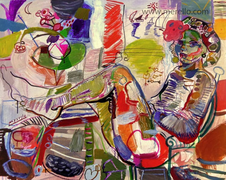 comprar cuadros figuras, desnudos. arte contemporaneo pinturas. jose manuel merello. mujer sentada frente a la ventana. 81x100 cm, lienzo