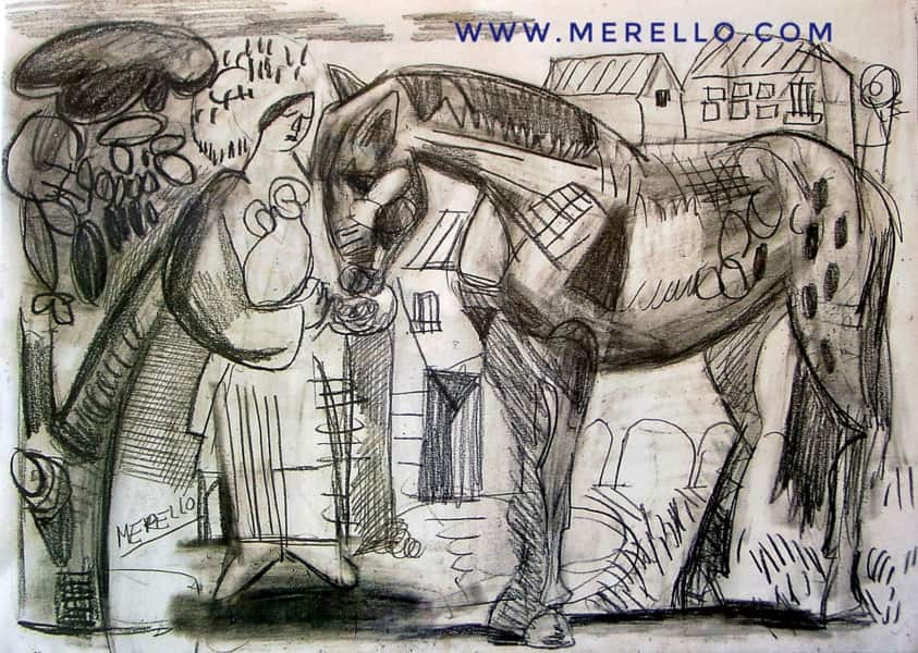 achat-tableaux-figures-portraits-dessin-chevaux-peintures-art-contemporain-jose-manuel-merello.-cheval-japonais-papier-graphite