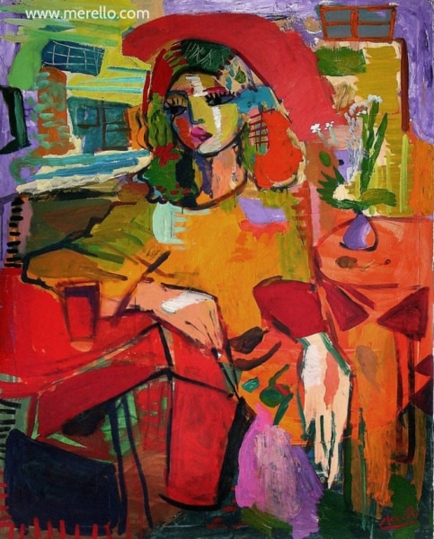 comprar cuadros figuras, retratos. arte contemporaneo pinturas. jose manuel merello. mujer en rojo, 146x114 cm, lienzo