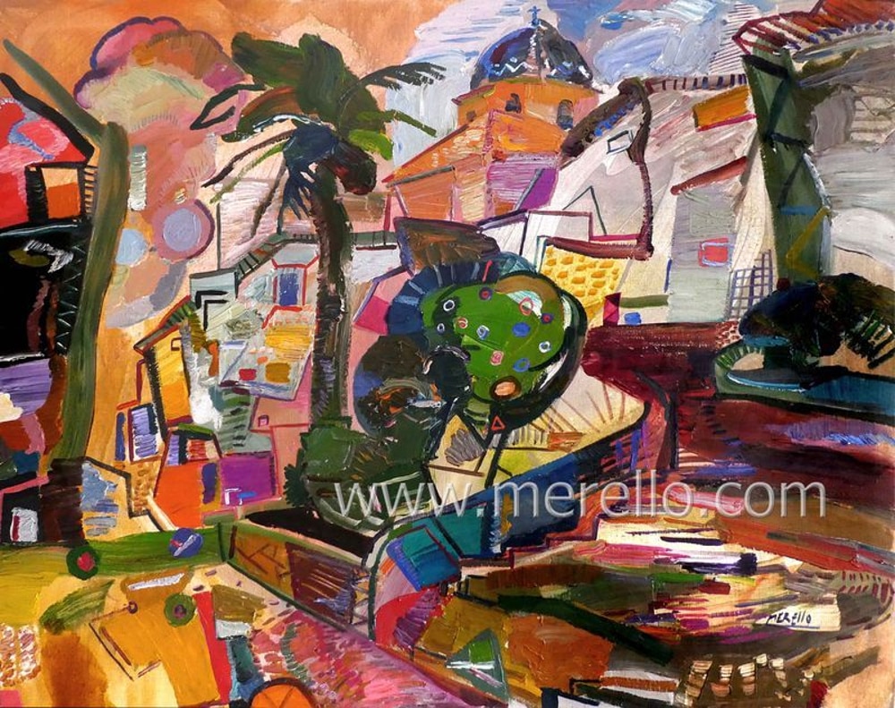 jose-manuel-merello.-subida-a-altea.-mix-media-on-canvas-spansih-artists-modern-painting
