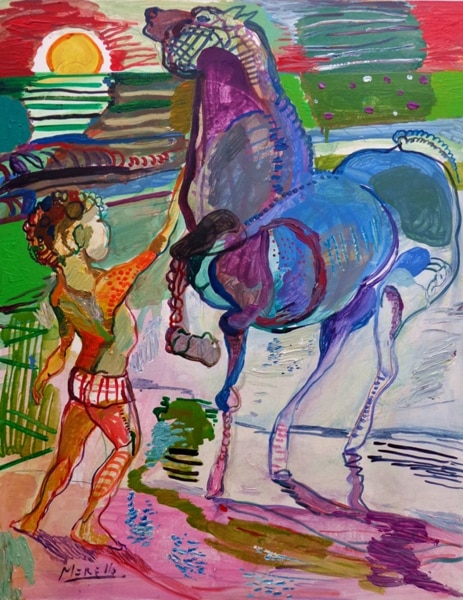 comprar obras arte online. pintura contemporanea, pintores artistas-jose manuel merello.-niño con caballo azul.-92x73 cm-tabla